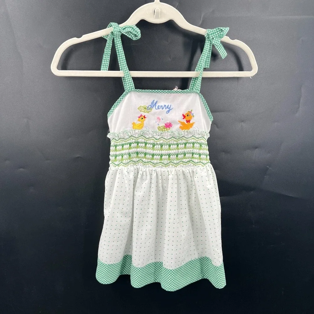 Vintage Plum Blossom‎ smocked embroidered MERRY duck dress green gingham 20 2T